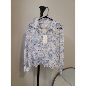 Caroline Constas Eyelet Top Blouse Blue White Medium New NWT
